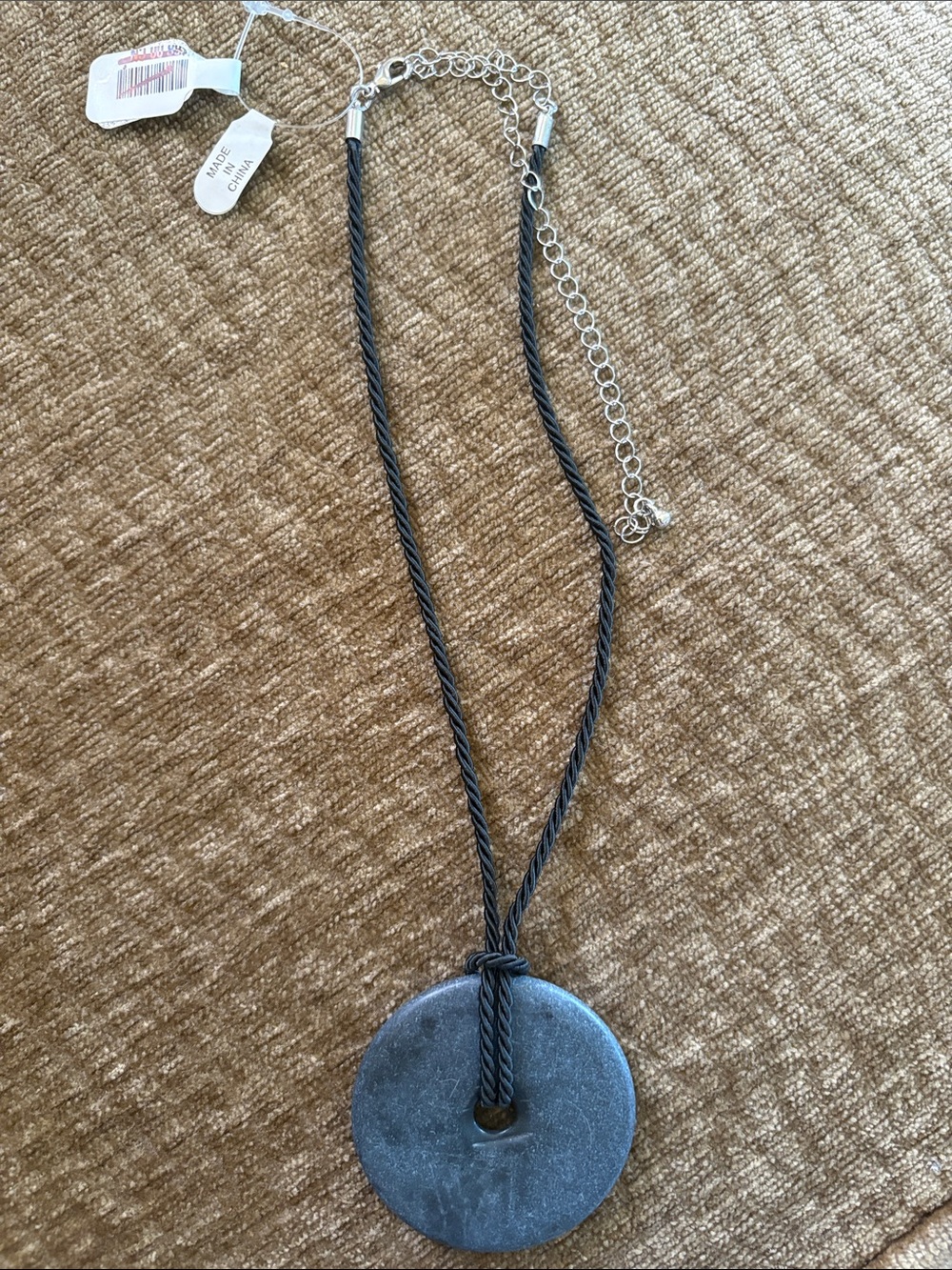 Women’s Black Cord Adjustable Necklace with Round Stone Pendant